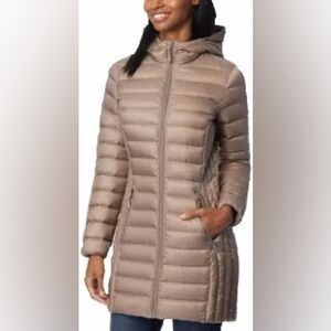Aventure Down Women Puffer Jacket Small Quilted Parka Full Zip Hooded Coat Taupe